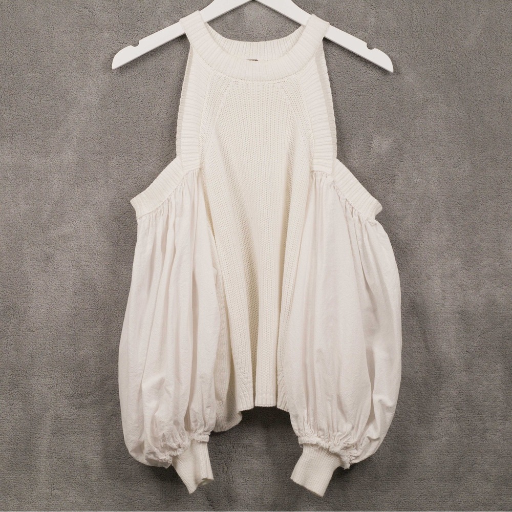 FREE PEOPLE Mixed Media Cold Shoulder Sweater Balloon Sleeve Beachy Ivory Sz S - Picture 5 of 7